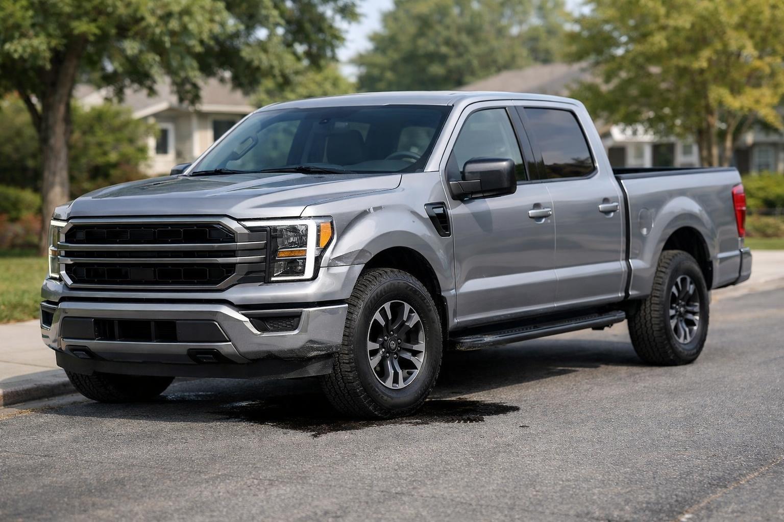 A 2025 Ford F-150 pickup truck parked on a suburban street with minor visible damage and an oil leak underneath.