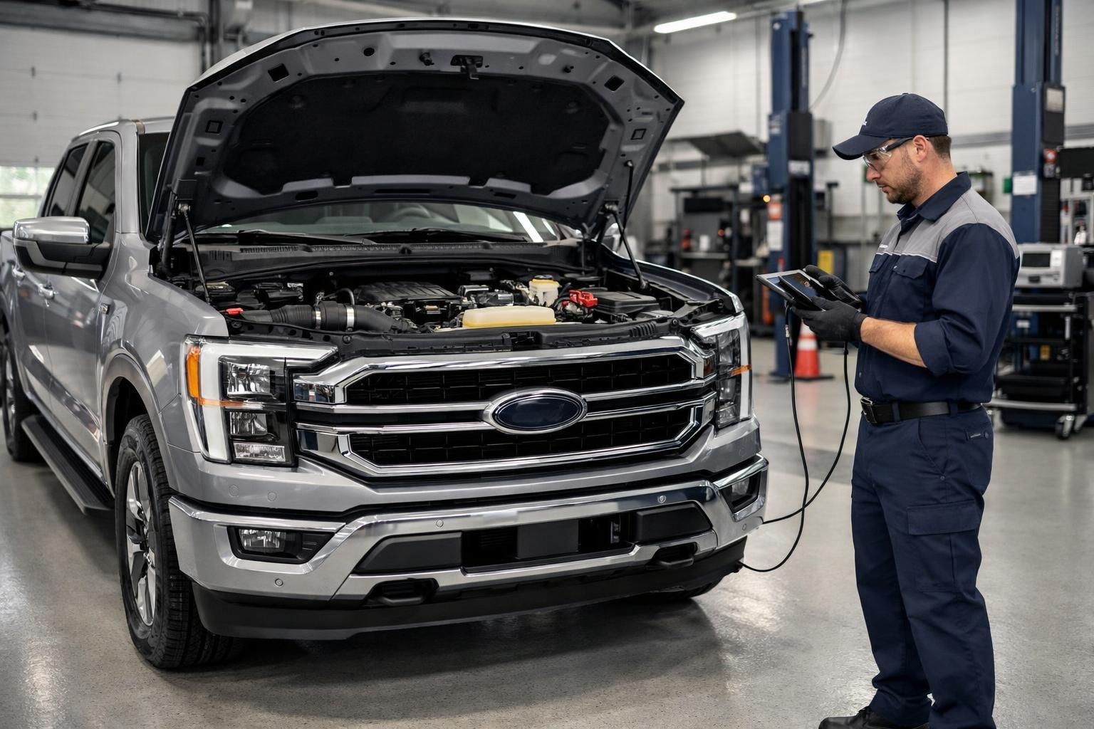 A 2025 Ford F-150 truck with its hood open being inspected by a technician in an automotive workshop.