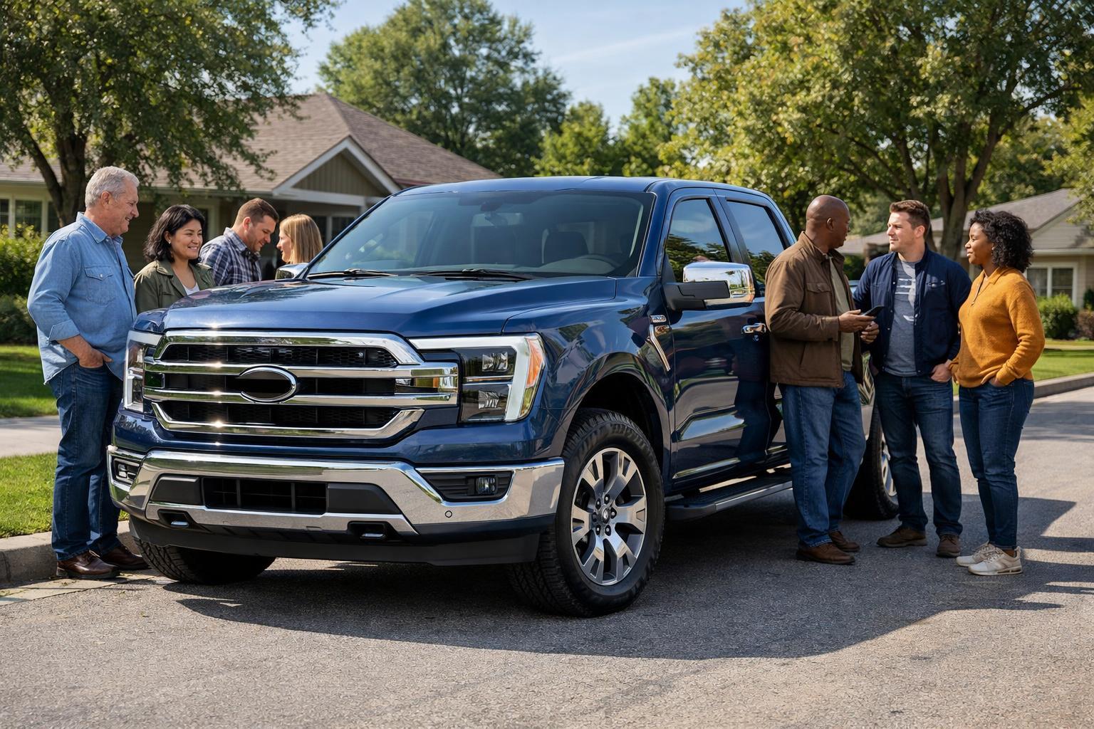 A 2025 Ford F-150 pickup truck parked on a suburban street with people inspecting it and talking nearby.
