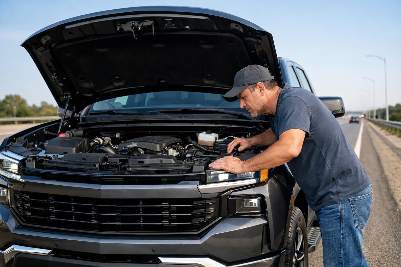 A 2025 Chevy Silverado pickup truck with its hood open on the side of a highway and a man inspecting the engine.