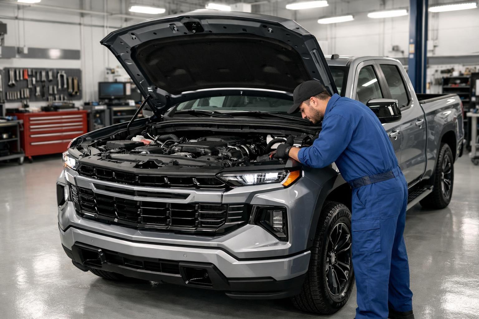 A 2025 Chevy Silverado pickup truck with its hood open in an automotive repair shop while a mechanic inspects the engine.