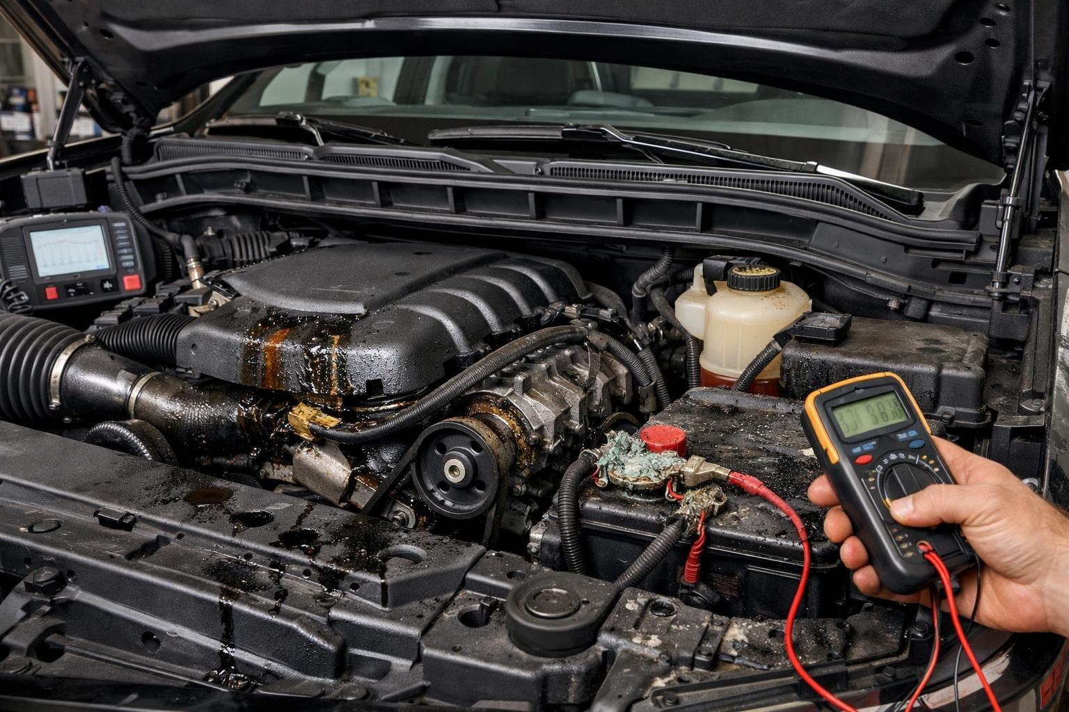 Close-up of a 2025 Chevy Silverado engine with the hood open, showing engine components and a mechanic's hand using a diagnostic tool.