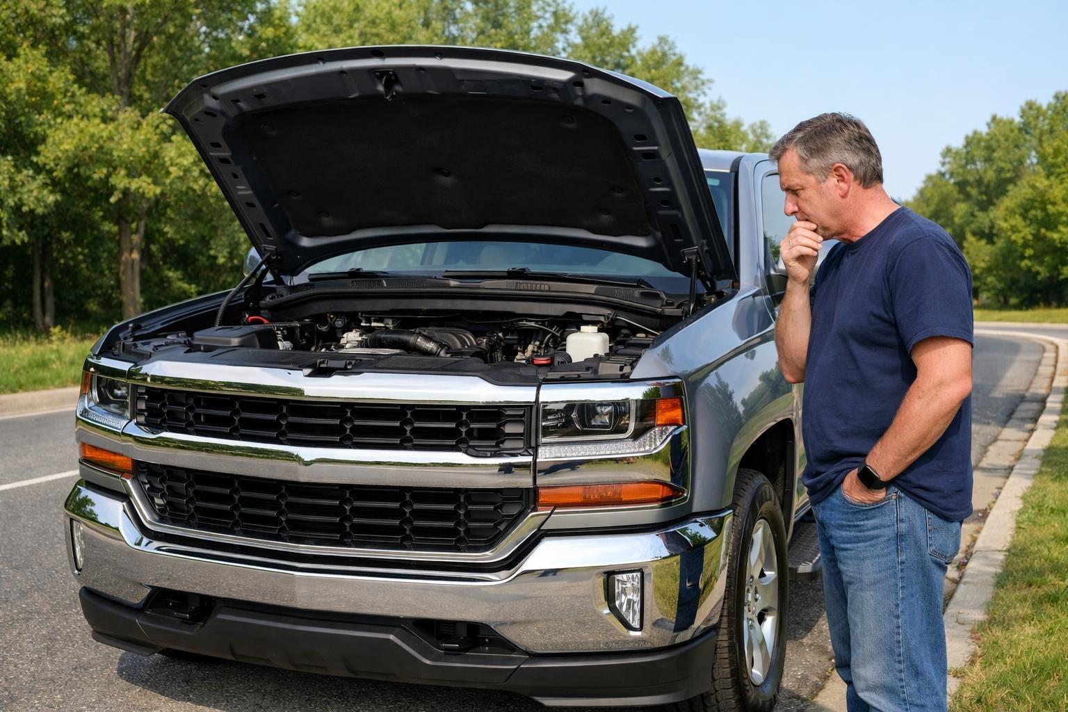 A 2018 Chevy Silverado pickup truck with its hood open on the side of a road and a man looking at the engine.