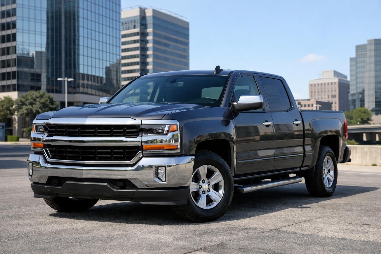 A 2018 Chevy Silverado truck parked in a city setting during the day.