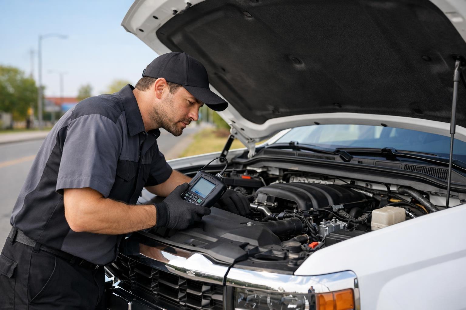 A mechanic inspecting the engine of a 2018 Chevy Silverado pickup truck with the hood open.