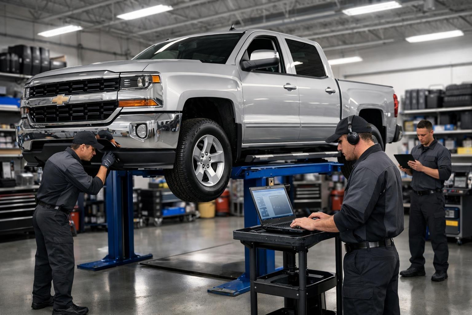 Technicians inspecting a silver 2018 Chevy Silverado pickup truck inside a clean automotive service center.