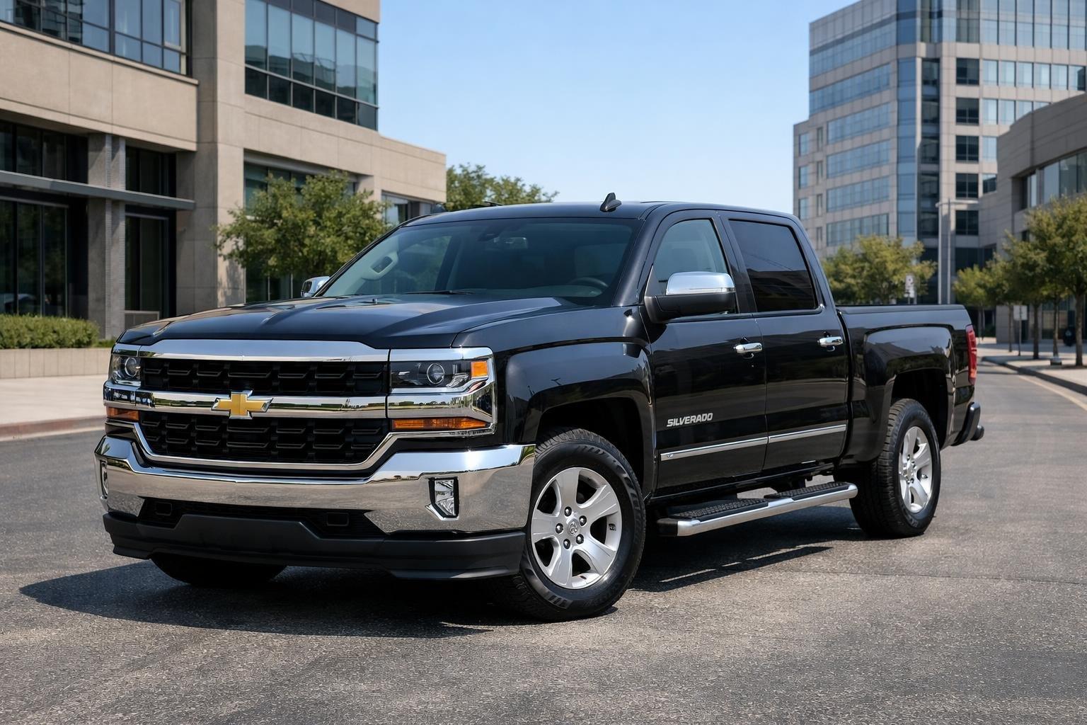 A 2018 Chevy Silverado pickup truck parked on a city street with modern buildings in the background.