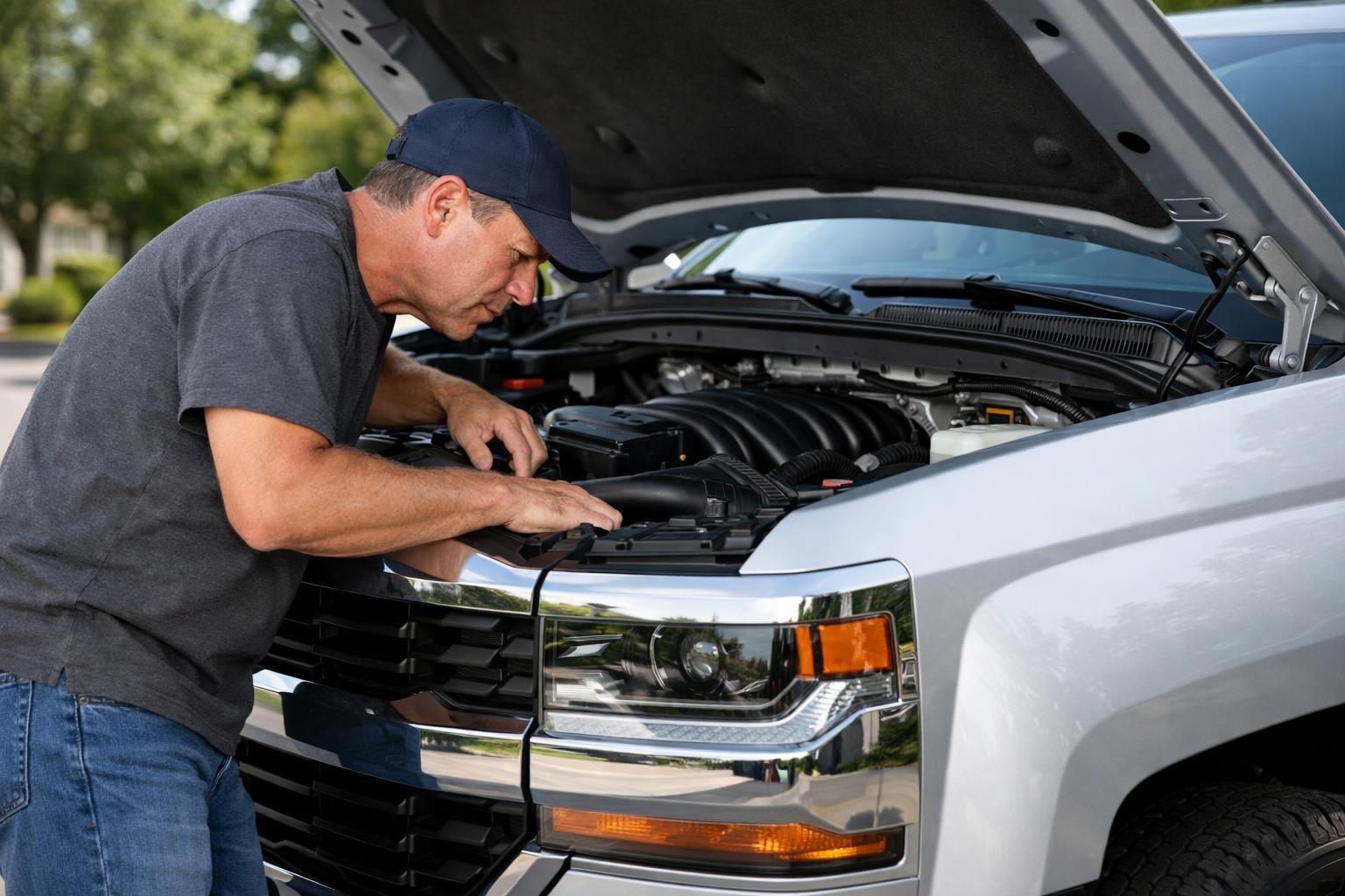 A person inspecting the engine of a silver 2018 Chevy Silverado truck parked outdoors.