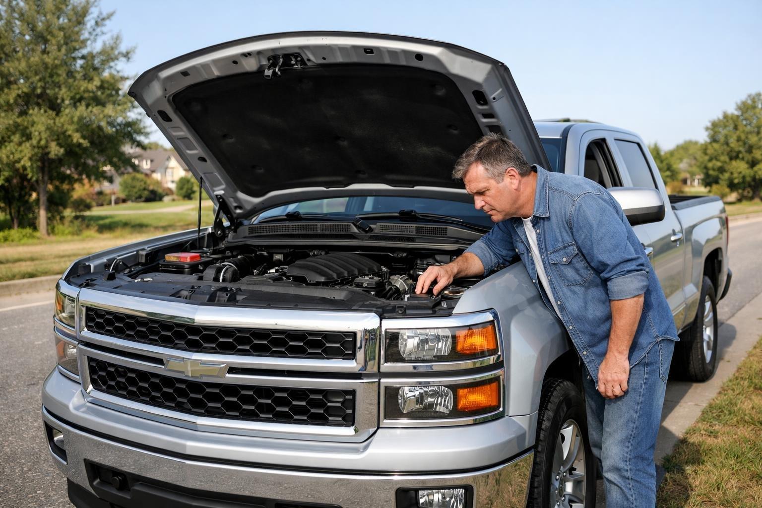 A silver 2015 Chevy Silverado with its hood open and a man inspecting the engine on the side of a suburban road.