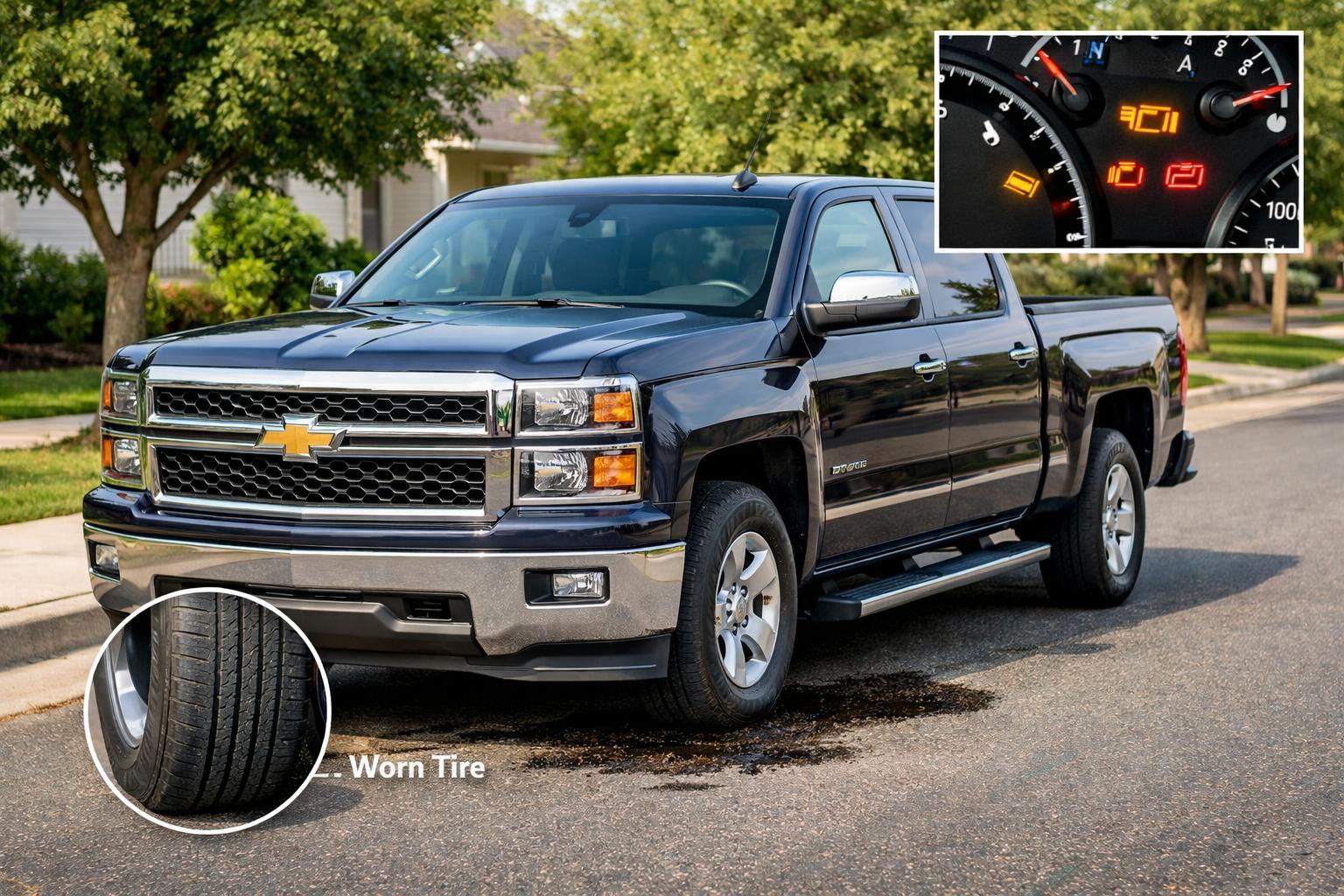 2015 Chevy Silverado pickup truck parked on a suburban street with highlighted areas showing common vehicle problems.