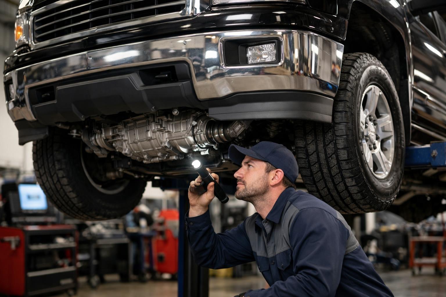 Mechanic inspecting the underside of a 2015 Chevy Silverado truck in an automotive repair shop.