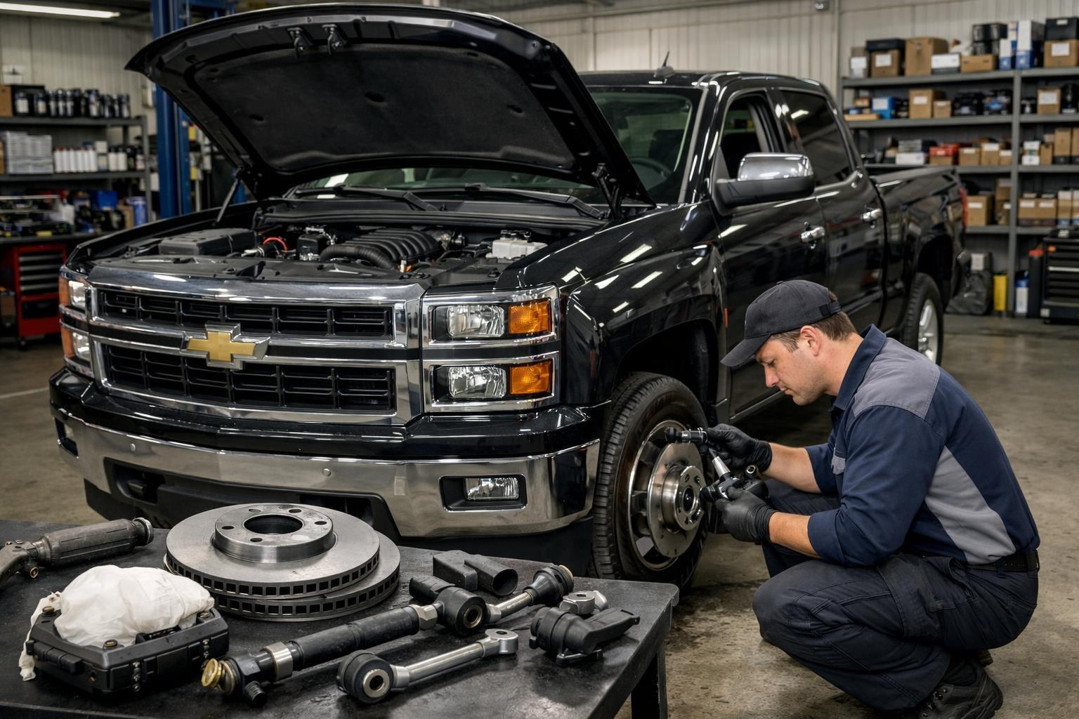 A mechanic inspects the brake system of a 2015 Chevy Silverado truck in an automotive repair shop.