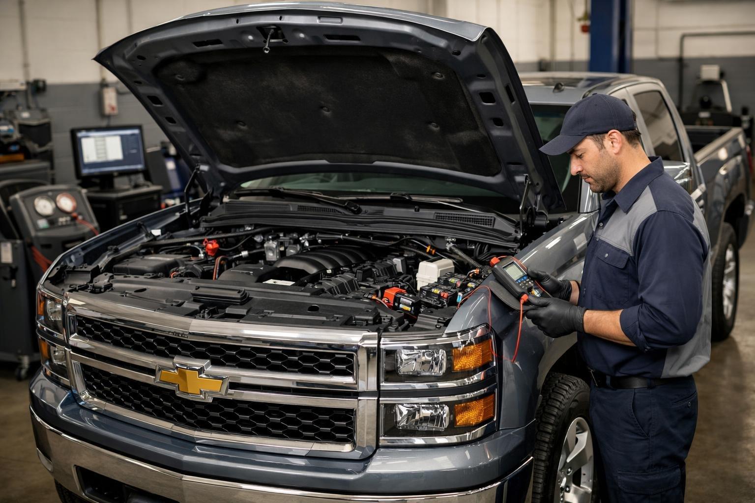 A mechanic inspects the open hood of a 2015 Chevy Silverado in a garage with diagnostic equipment nearby.