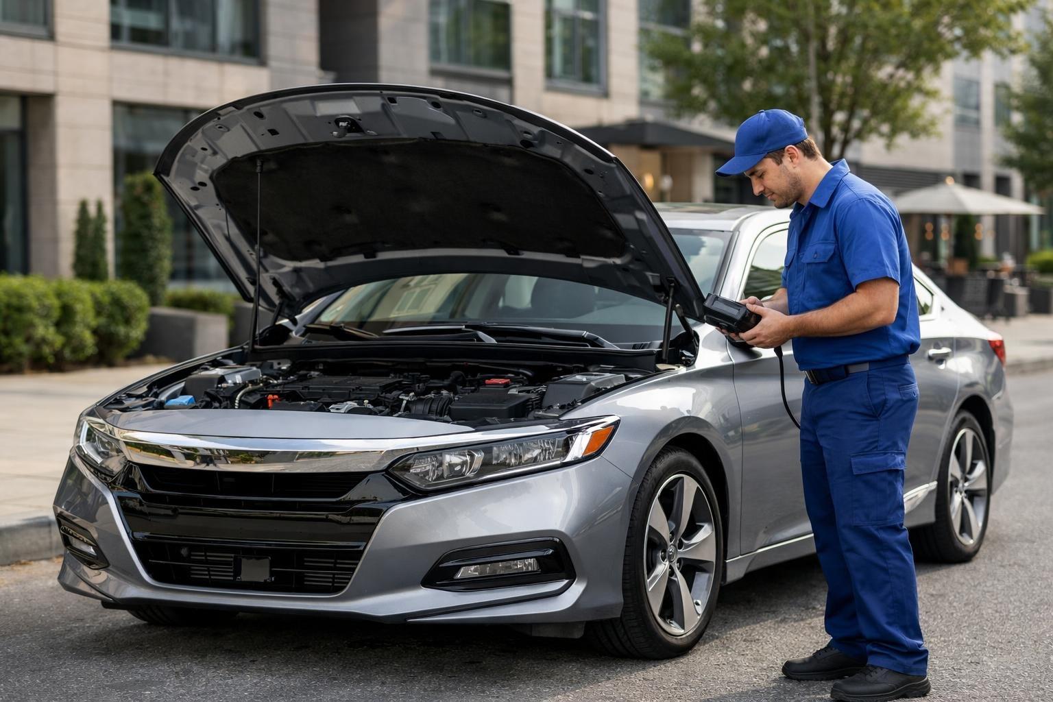 A 2020 Honda Accord parked on a city street with a mechanic inspecting the engine under the open hood.