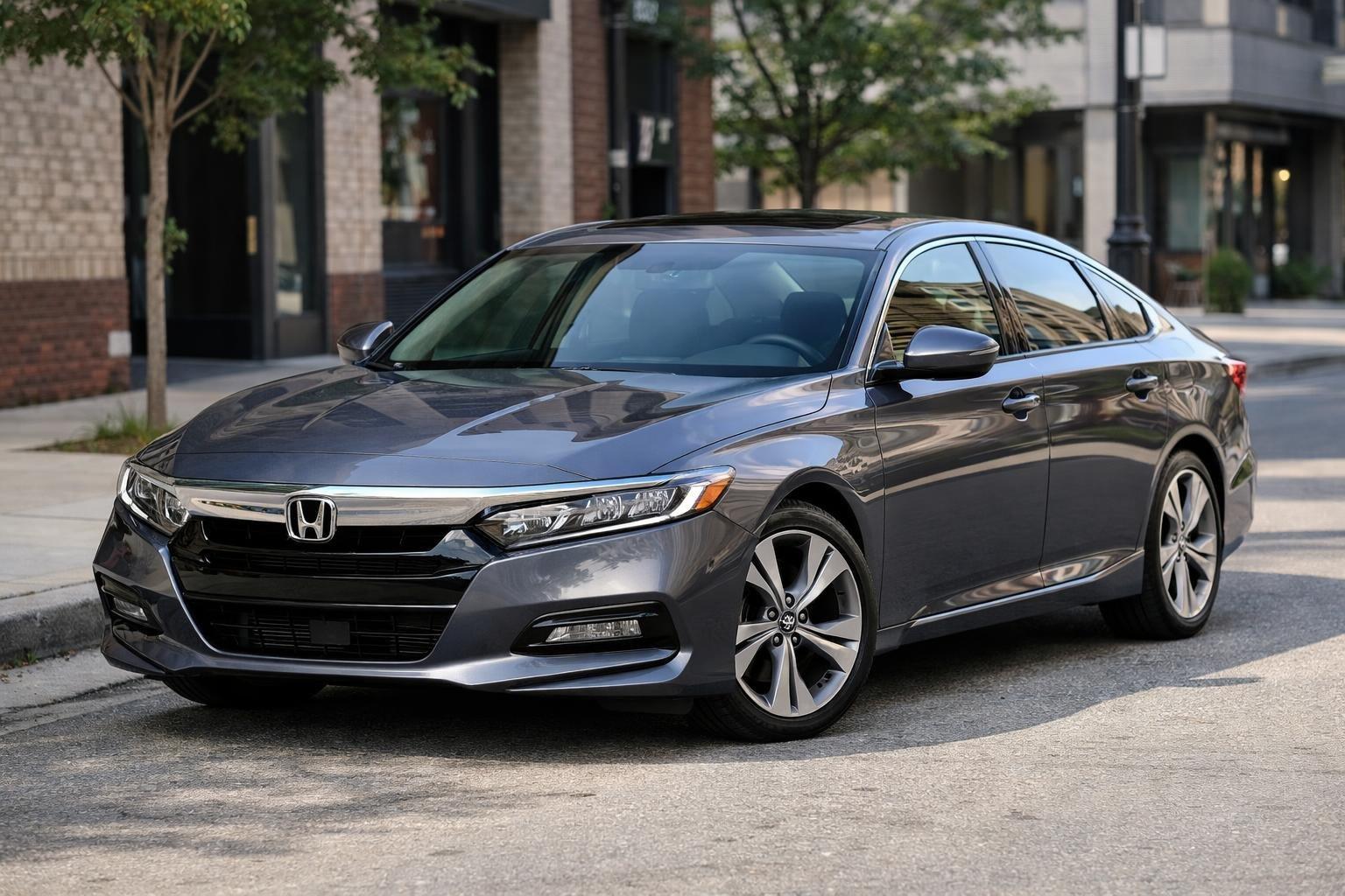 A 2020 Honda Accord parked on a city street with buildings and trees in the background.