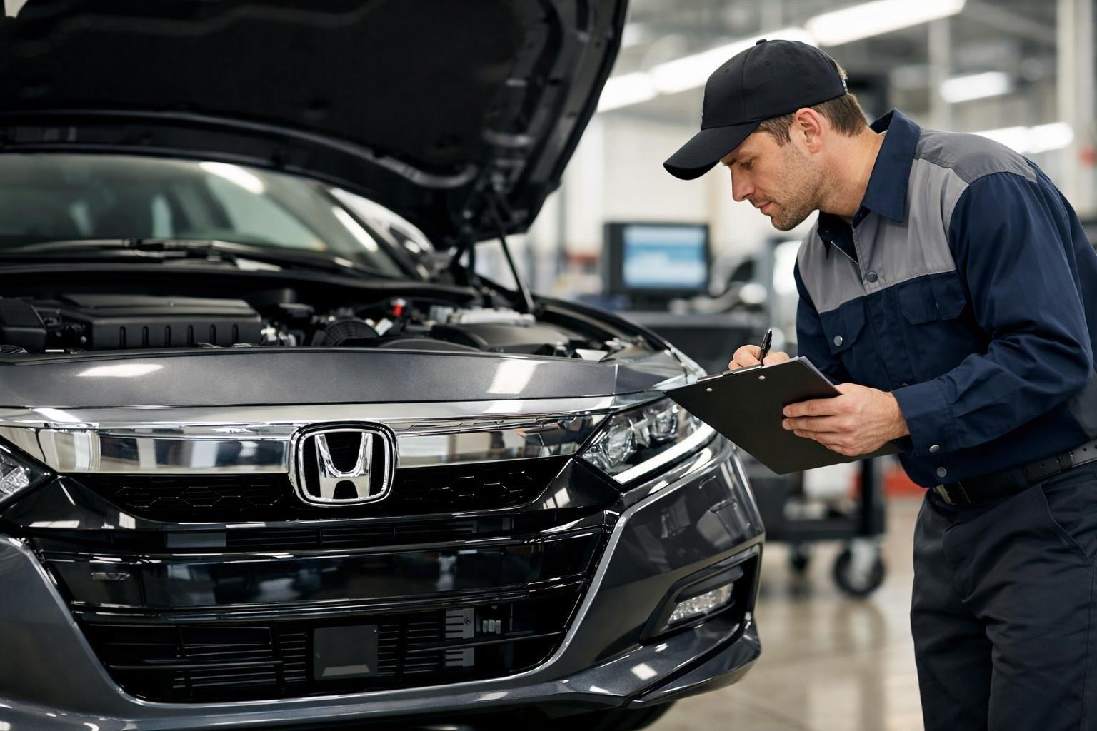 A mechanic inspecting a 2020 Honda Accord in a garage with diagnostic tools in the background.