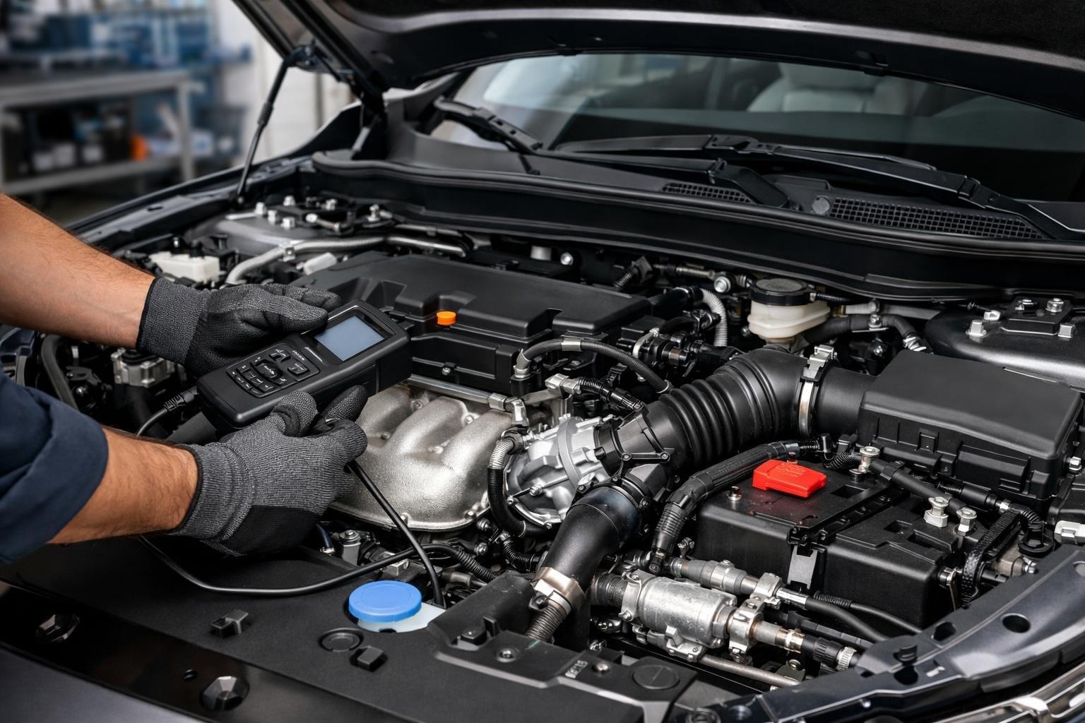 Close-up of a mechanic inspecting the engine and steering components of a 2020 Honda Accord in a workshop.
