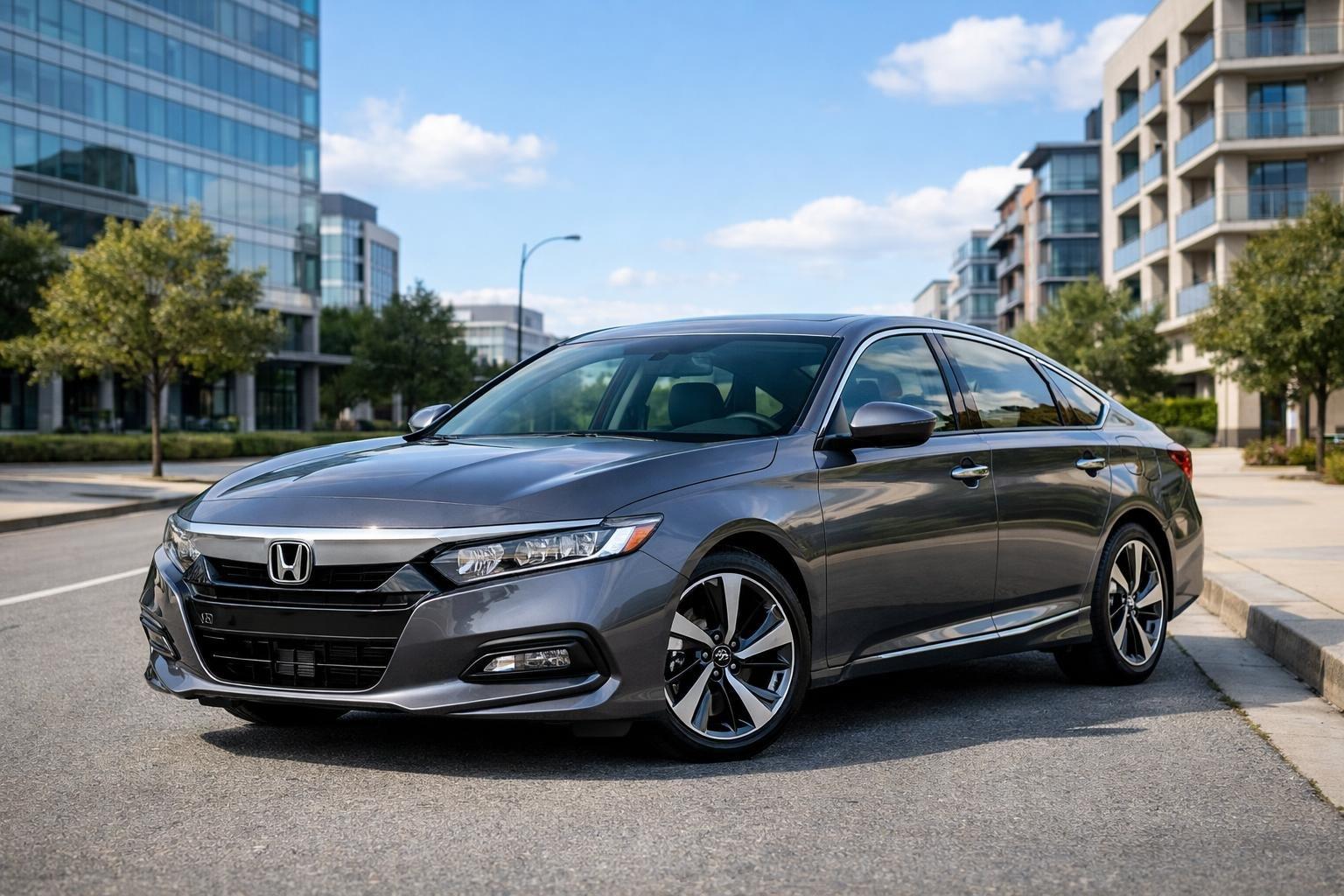 A 2020 Honda Accord parked on a city street with buildings and trees in the background.