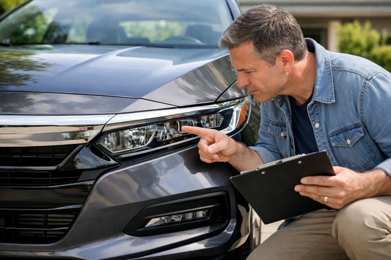 Person inspecting the exterior of a 2020 Honda Accord parked outdoors in a suburban setting.