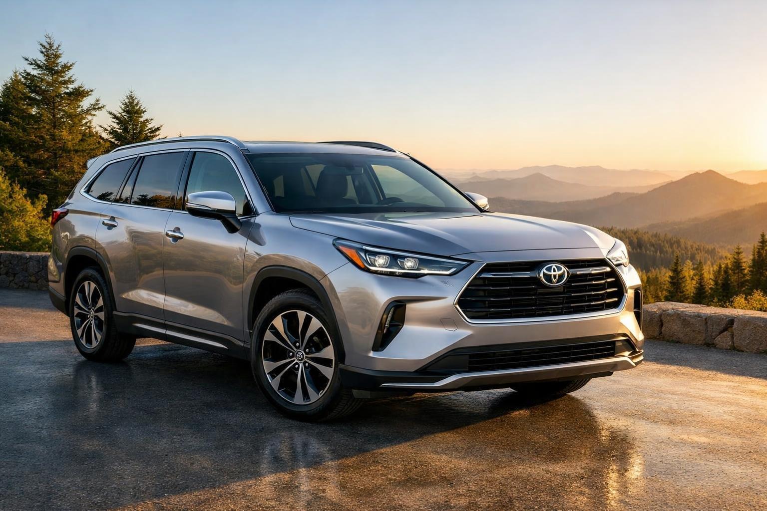 A Toyota Grand Highlander Hybrid SUV parked on a mountain road with trees and mountains in the background.