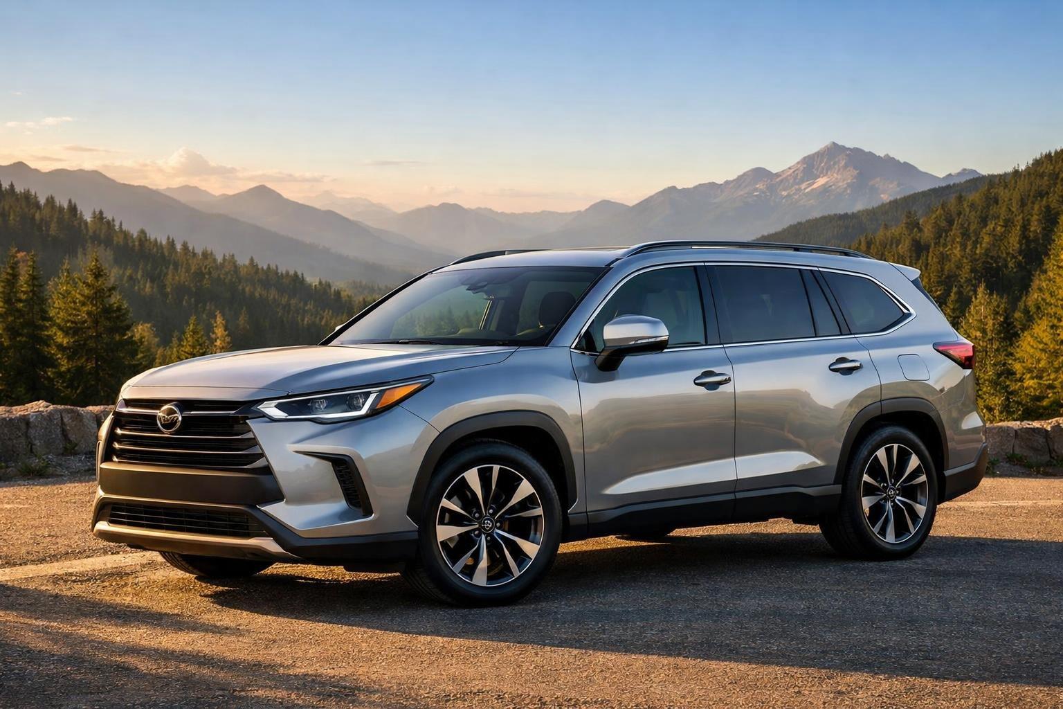 Toyota Grand Highlander Hybrid parked on a mountain road with forest and mountains in the background.
