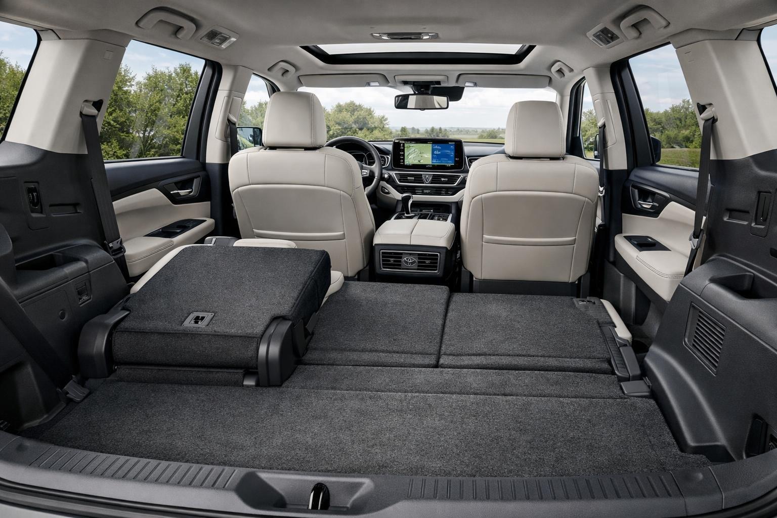 Spacious interior of a Toyota Grand Highlander Hybrid showing leather seats and a large cargo area with rear seats folded down.