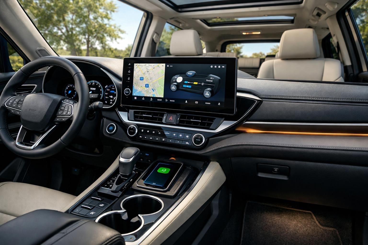 Interior view of a Toyota Grand Highlander Hybrid showing the dashboard with touchscreen, steering wheel controls, and spacious seating.
