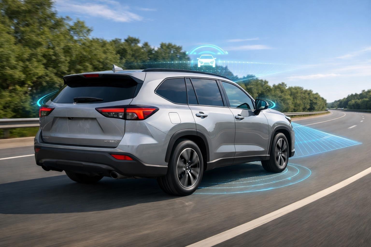A Toyota Grand Highlander Hybrid driving on a highway surrounded by greenery, with digital overlays indicating safety and driver assistance features.