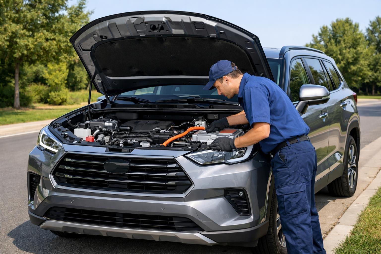 A Toyota Grand Highlander Hybrid SUV with its hood open and a mechanic inspecting the engine on a suburban road.