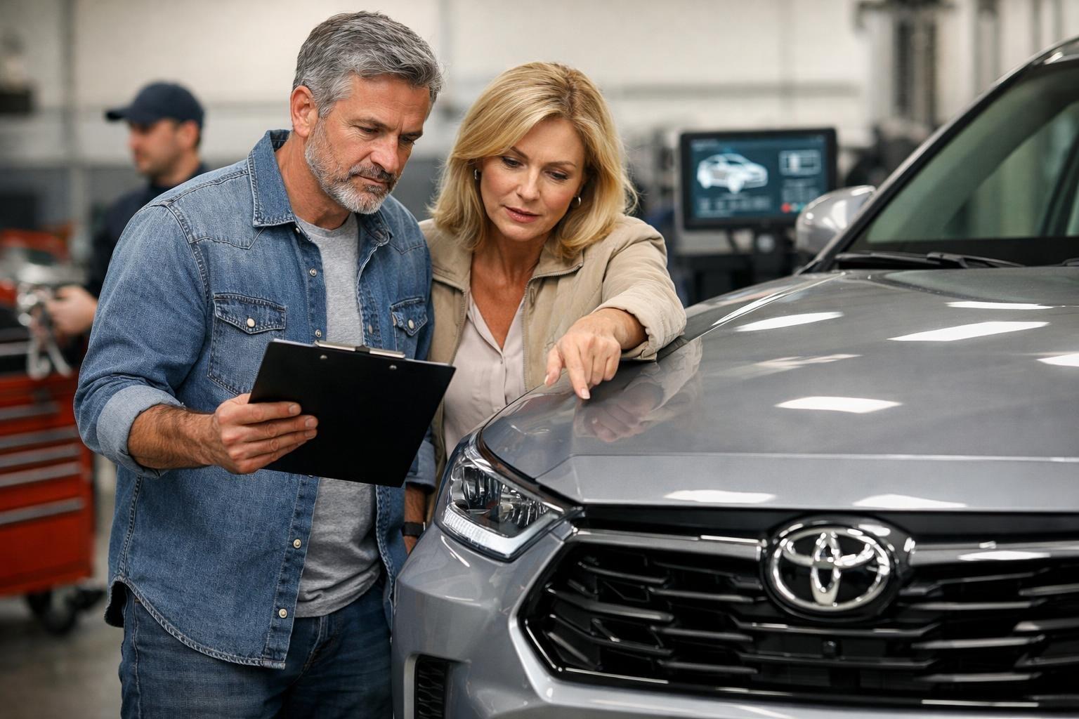 A middle-aged couple inspecting a Toyota Grand Highlander Hybrid in a dealership, with a mechanic and diagnostic tools nearby.