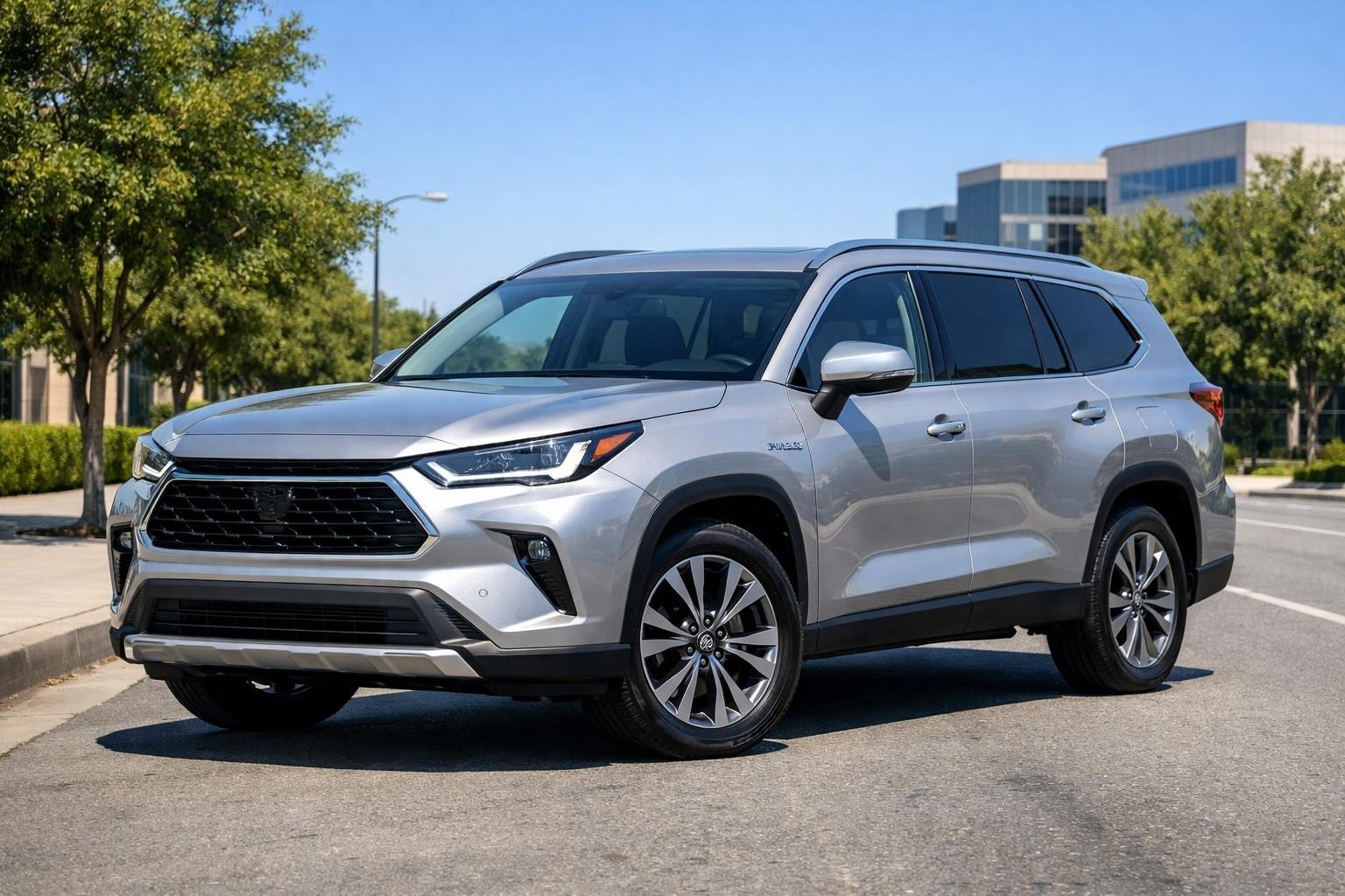 A Toyota Grand Highlander Hybrid parked on a city street with trees and buildings in the background.
