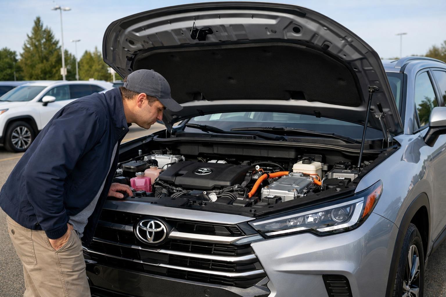 A person inspecting the engine of a Toyota Grand Highlander Hybrid SUV at a car dealership lot.