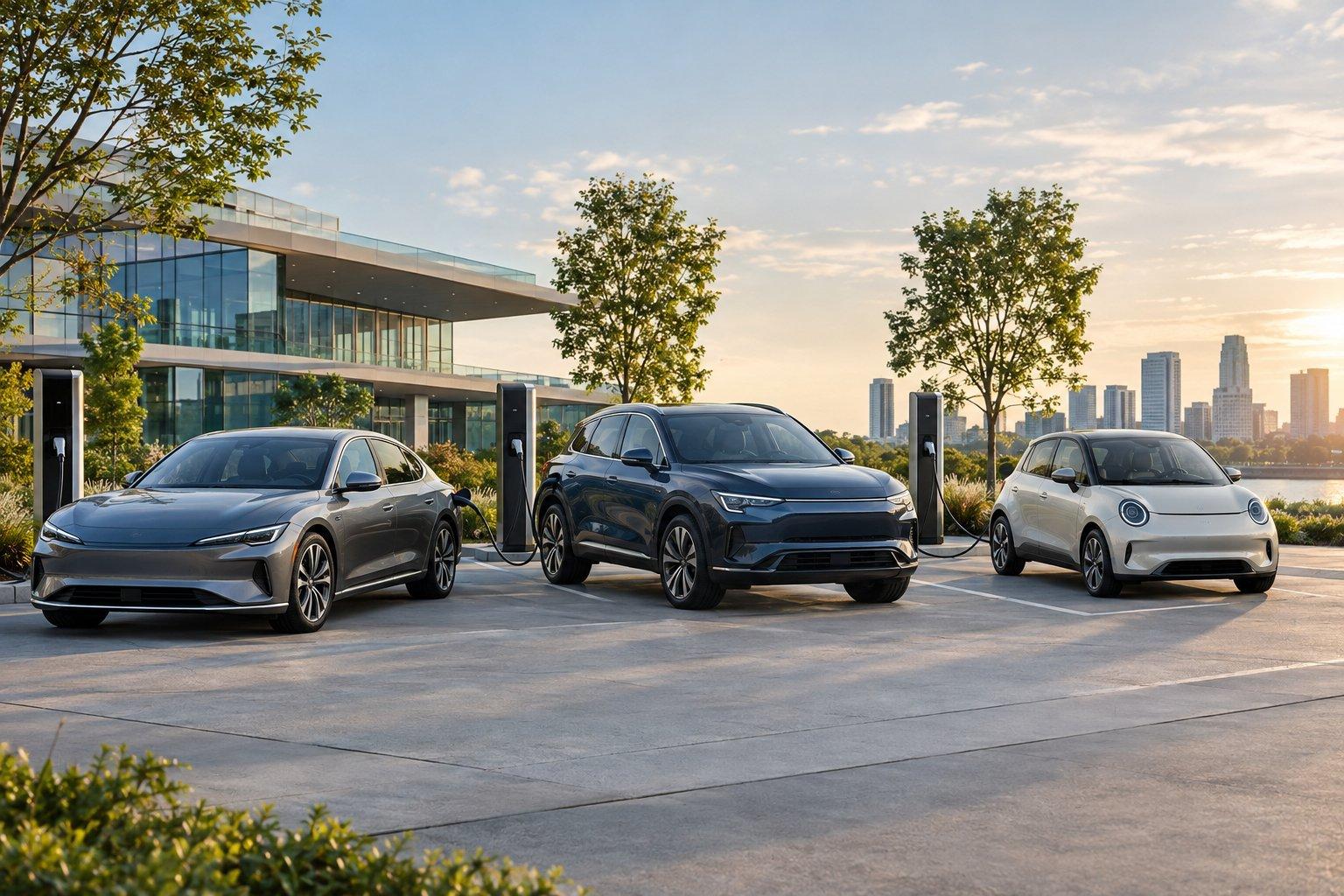 A sedan, SUV, and compact car parked beside electric vehicle charging stations.