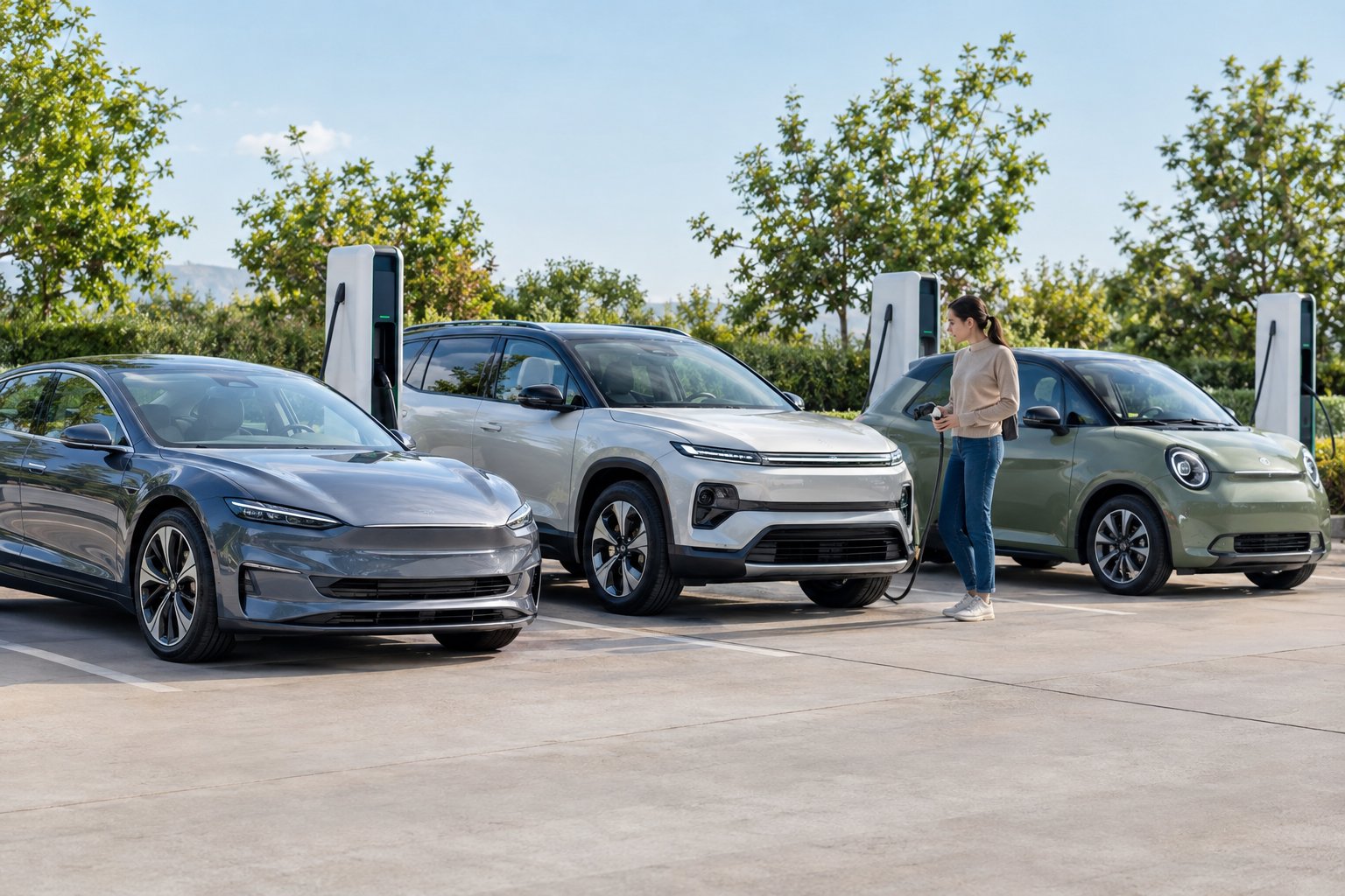 A shopper compares a sedan, SUV, and hatchback beside electric vehicle chargers.