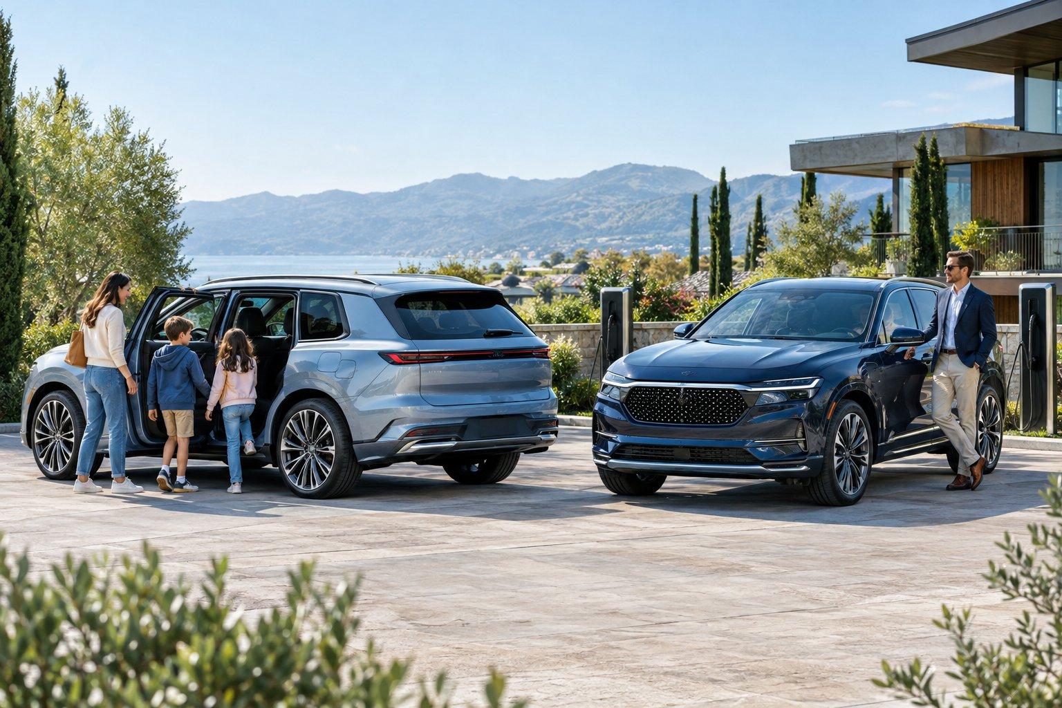 A family and an adult stand beside two electric SUVs near charging stations.