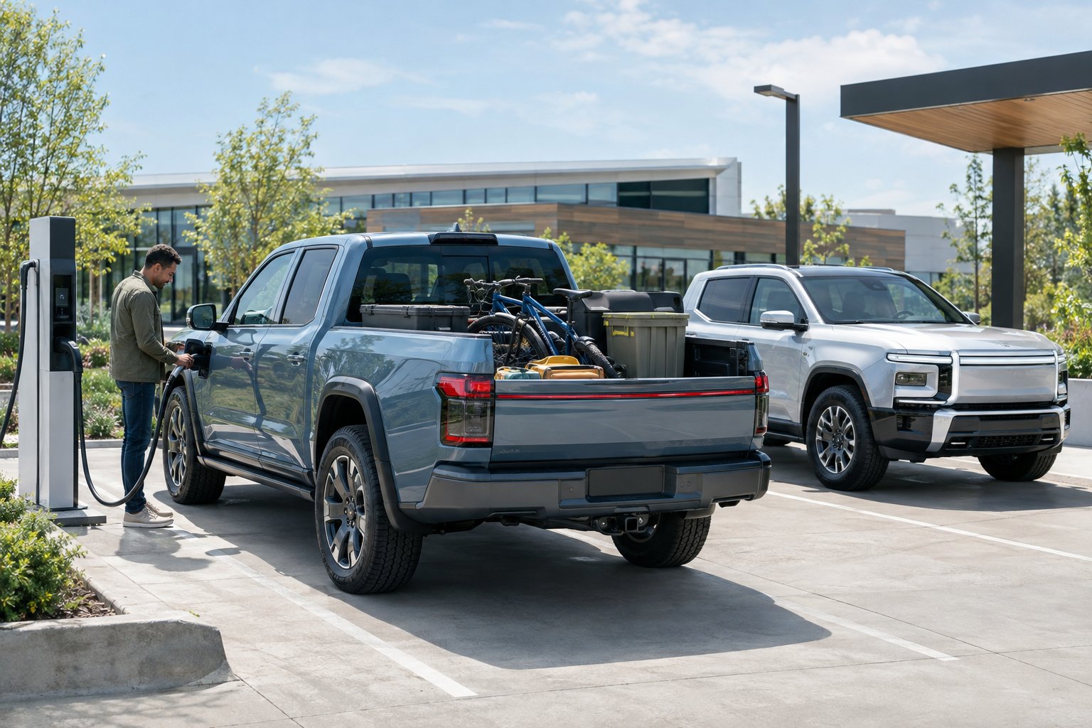 Two electric pickup trucks are parked at a charging station, with a driver beside one.