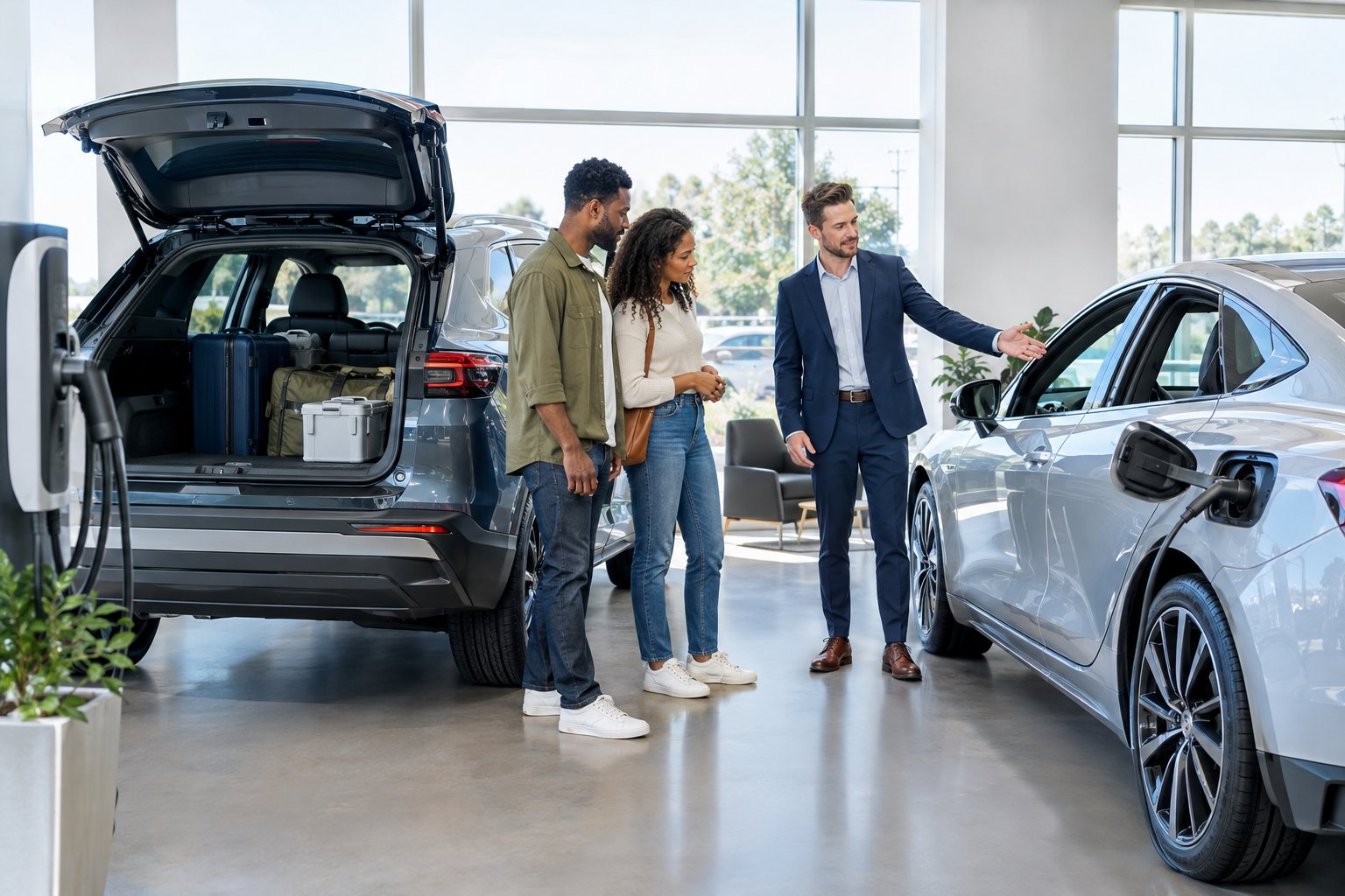 A couple compares an electric SUV and sedan with help from a dealership advisor.