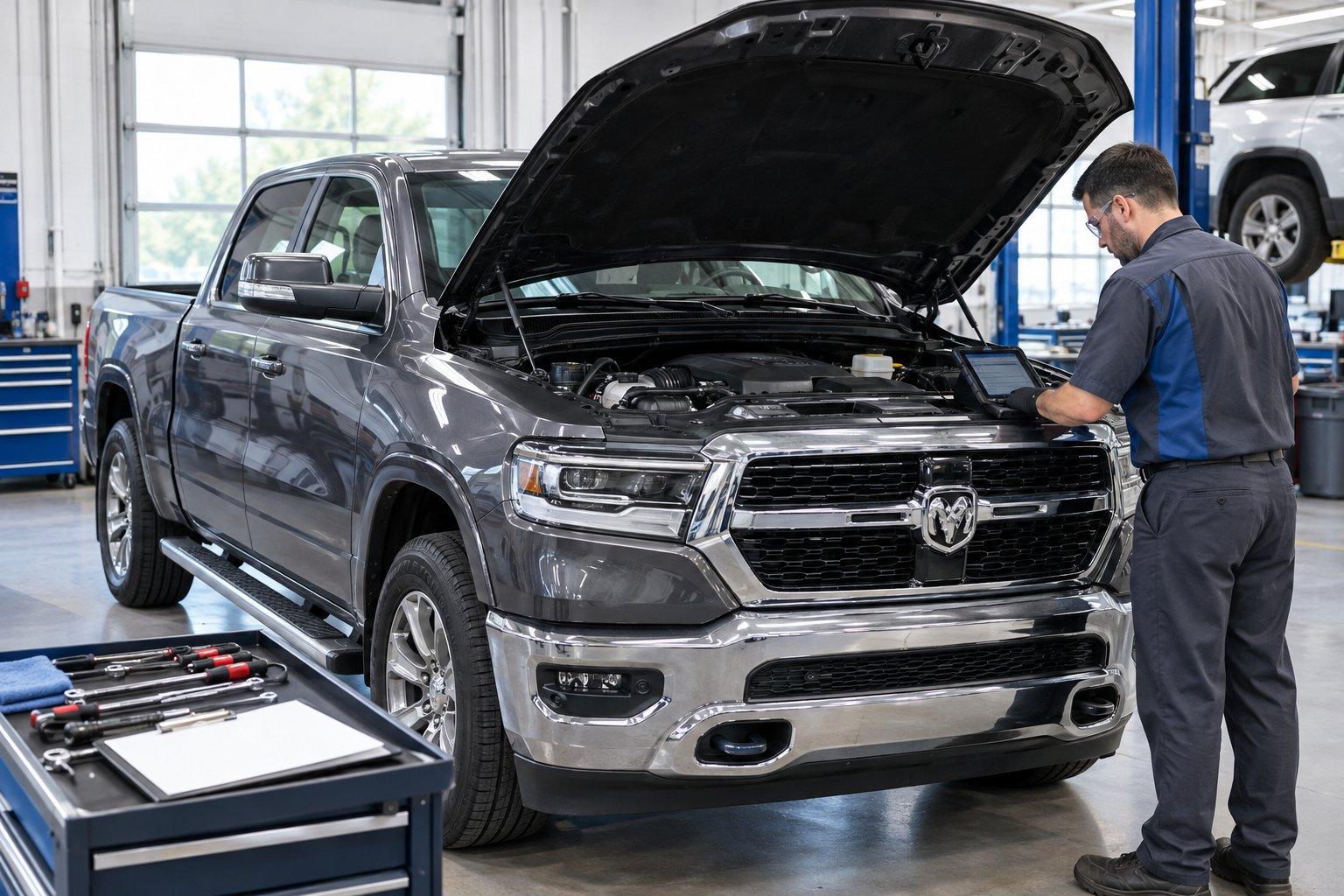A technician inspects a pickup truck in an automotive service center.