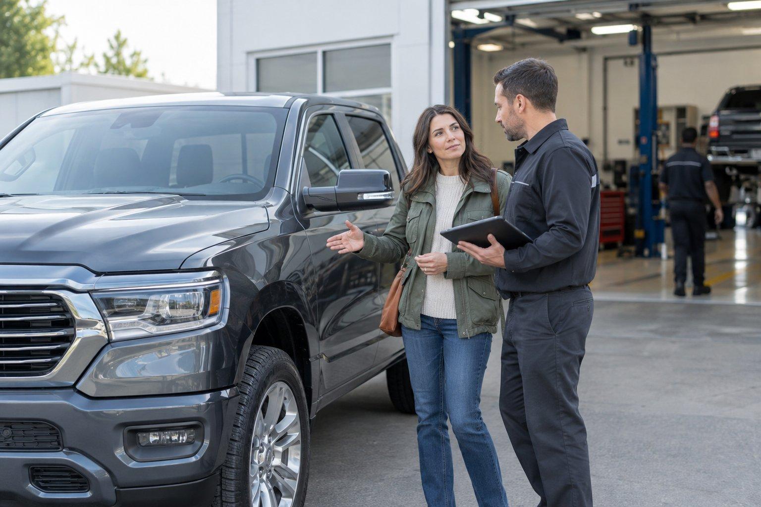 A truck owner speaks with a service advisor beside a pickup at a repair center.