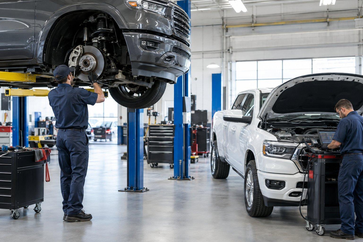Technicians inspect two pickup trucks in an automotive service center.
