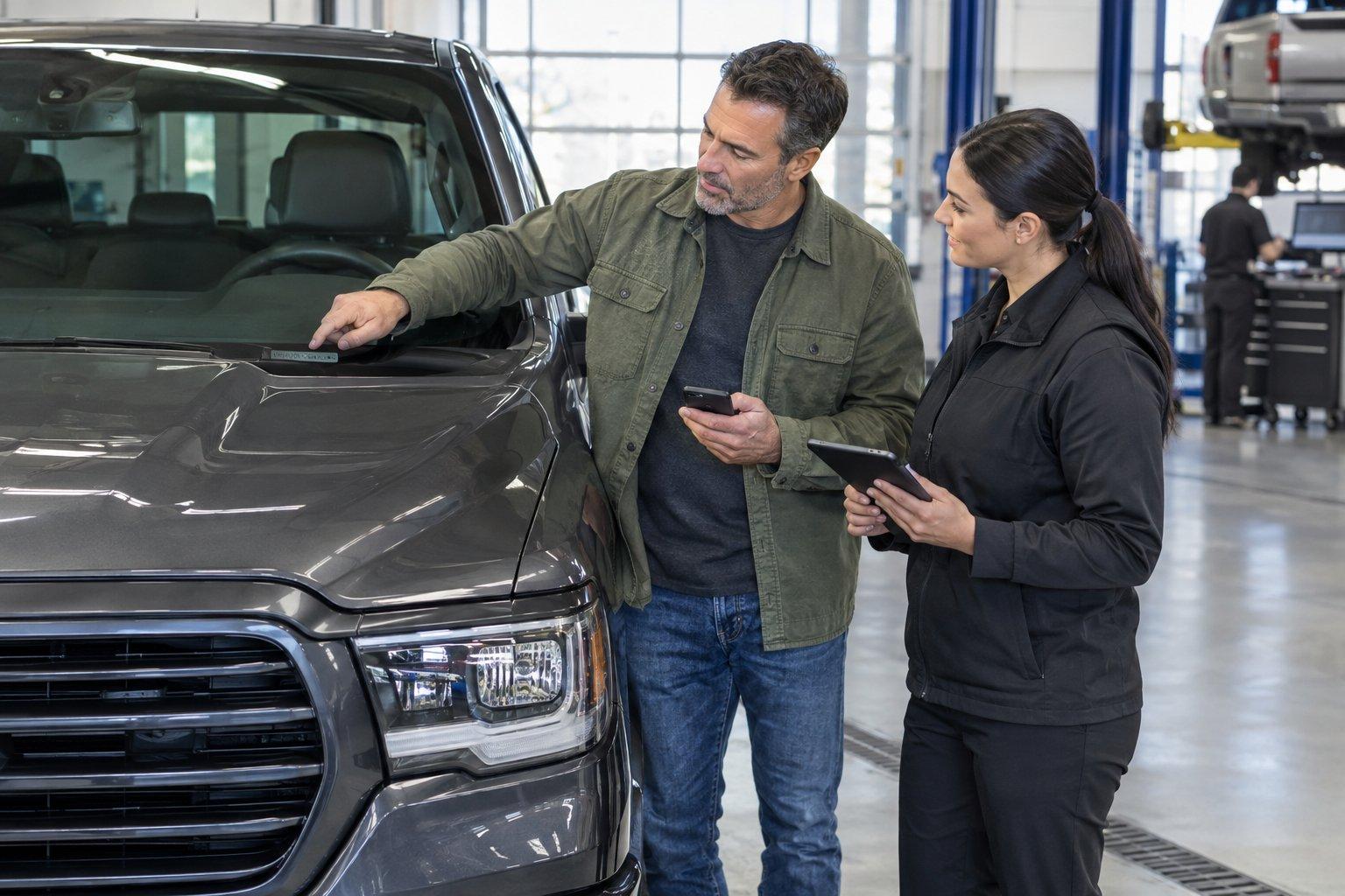 A pickup owner checks the windshield VIN with a phone while a service advisor helps arrange a repair.