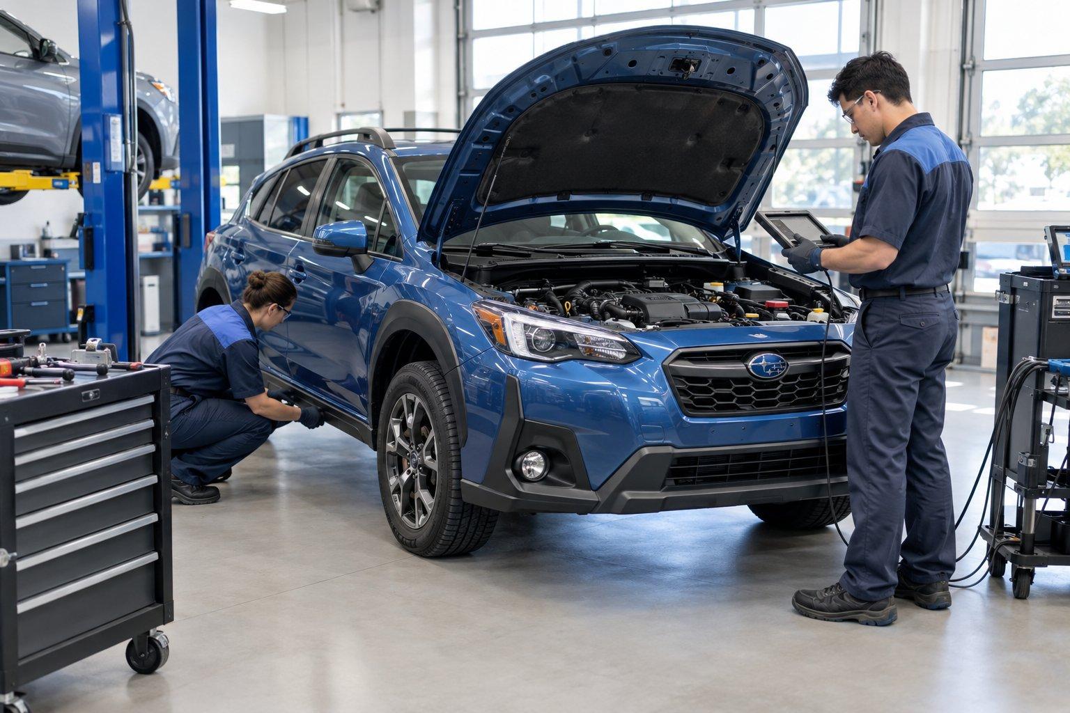 Mechanics inspect a blue crossover in a dealership service bay.